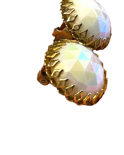 Vintage 1950s Triad Gold finish AB faceted chunky glass crystal clip on earrings