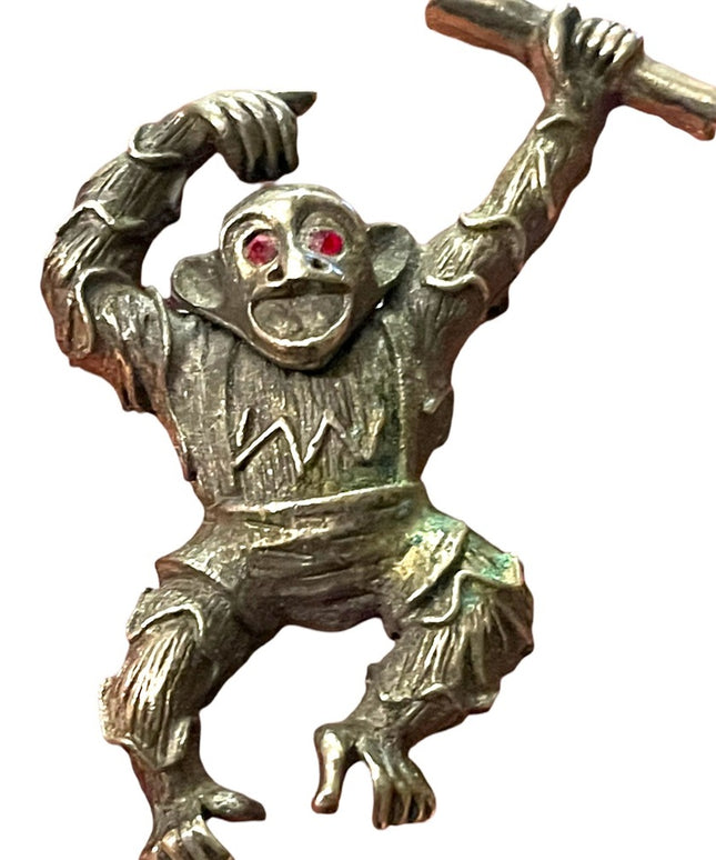 Vintage 1940s Bronze antiqued monkey brooch rhinestone eyes