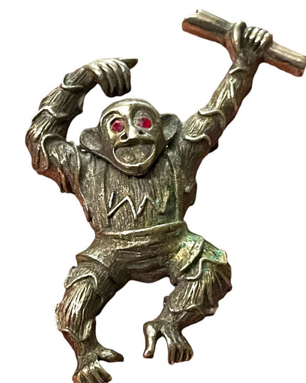 Vintage 1940s Bronze antiqued monkey brooch rhinestone eyes