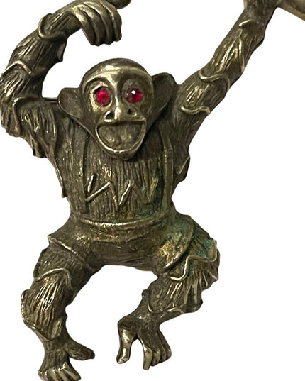 Vintage 1940s Bronze antiqued monkey brooch rhinestone eyes