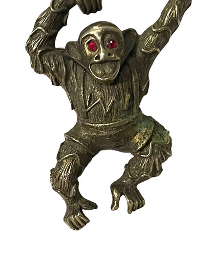 Vintage 1940s Bronze antiqued monkey brooch rhinestone eyes