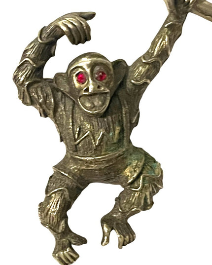Vintage 1940s Bronze antiqued monkey brooch rhinestone eyes