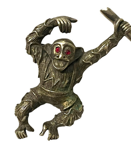 Vintage 1940s Bronze antiqued monkey brooch rhinestone eyes
