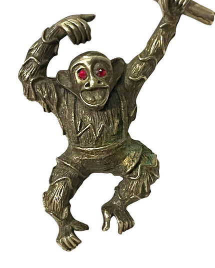 Vintage 1940s Bronze antiqued monkey brooch rhinestone eyes