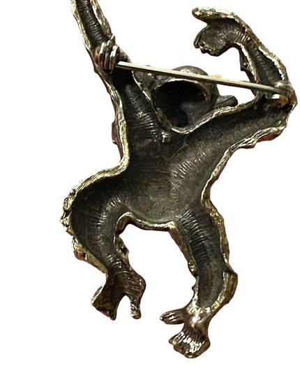 Vintage 1940s Bronze antiqued monkey brooch rhinestone eyes