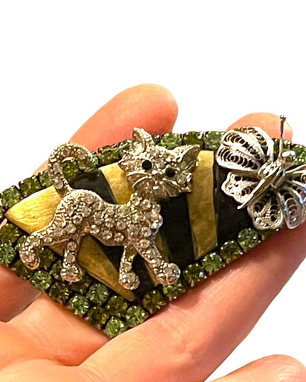 Vintage Cat & butterlfy large rhinestone brooch