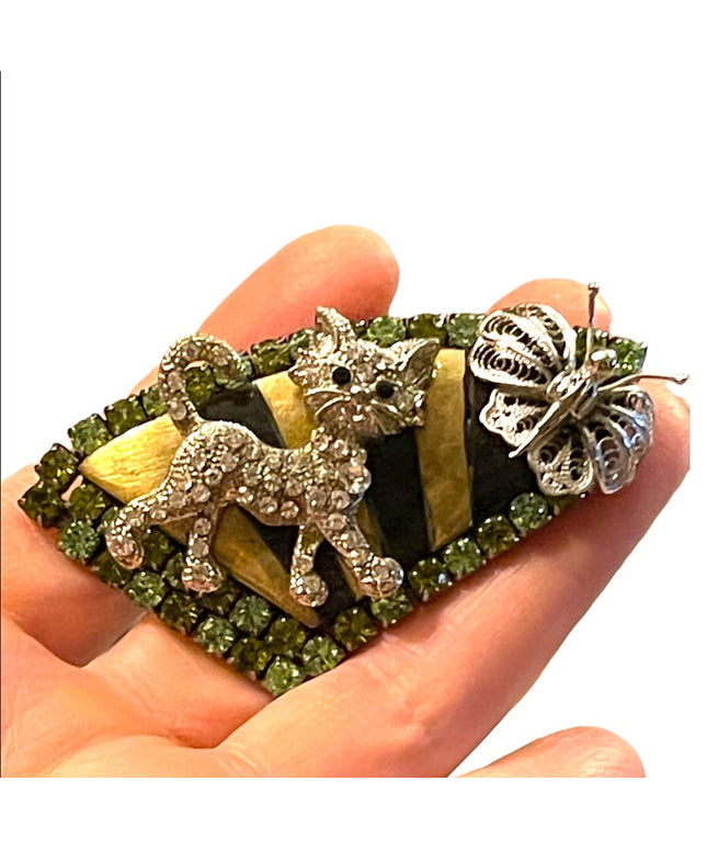Vintage Cat & butterlfy large rhinestone brooch