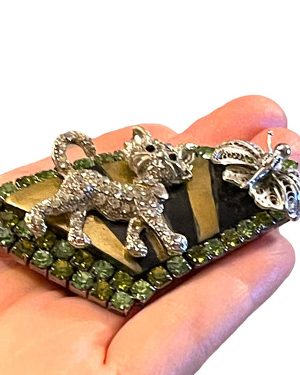 Vintage Cat & butterlfy large rhinestone brooch