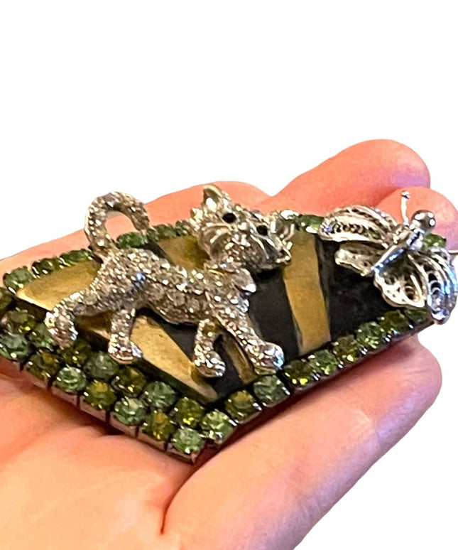 Vintage Cat & butterlfy large rhinestone brooch