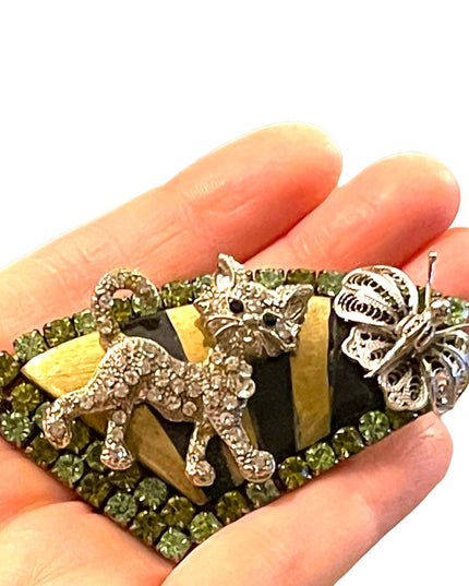 Vintage Cat & butterlfy large rhinestone brooch