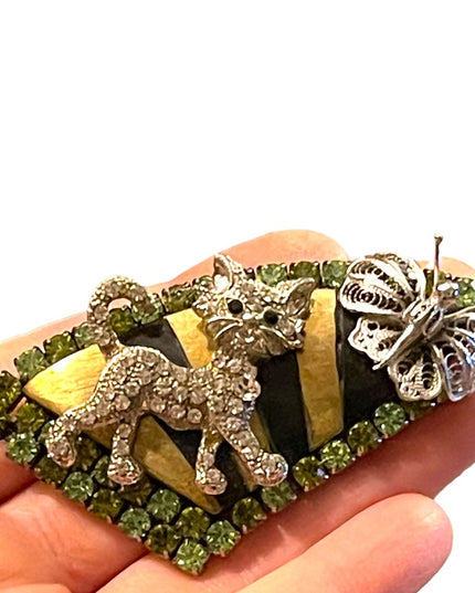 Vintage Cat & butterlfy large rhinestone brooch