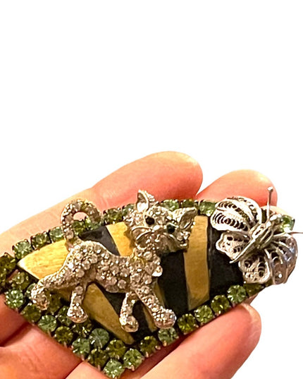Vintage Cat & butterlfy large rhinestone brooch