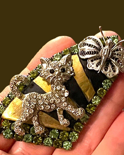 Vintage Cat & butterlfy large rhinestone brooch