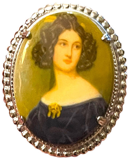 Vintage resin transfer silver finish cameo brooch oval