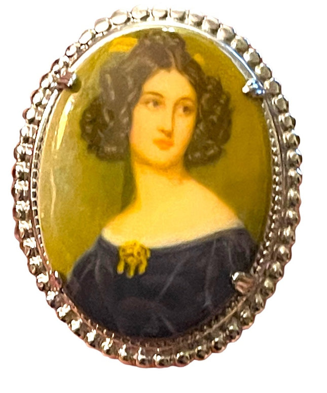 Vintage resin transfer silver finish cameo brooch oval