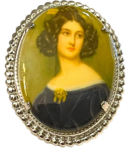 Vintage resin transfer silver finish cameo brooch oval