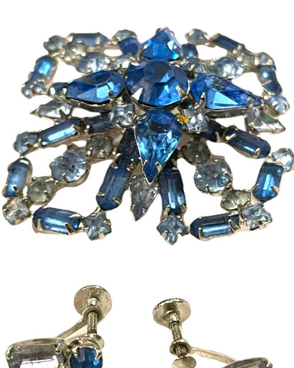 Vintage Large Blue fancy crystal brooch & earrings set “Carousel” screw back