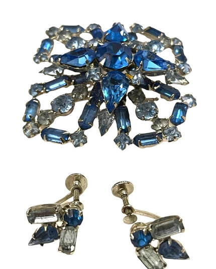Vintage Large Blue fancy crystal brooch & earrings set “Carousel” screw back