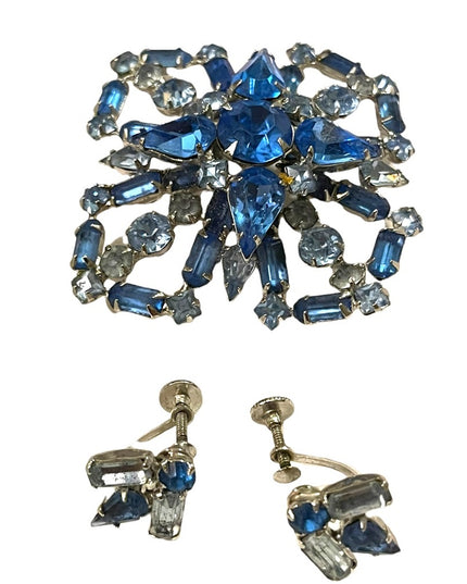 Vintage Large Blue fancy crystal brooch & earrings set “Carousel” screw back