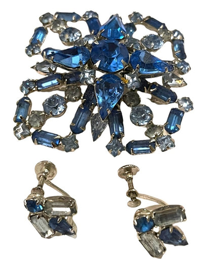 Vintage Large Blue fancy crystal brooch & earrings set “Carousel” screw back