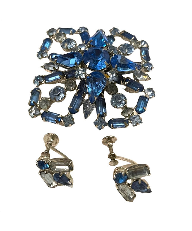 Vintage Large Blue fancy crystal brooch & earrings set “Carousel” screw back
