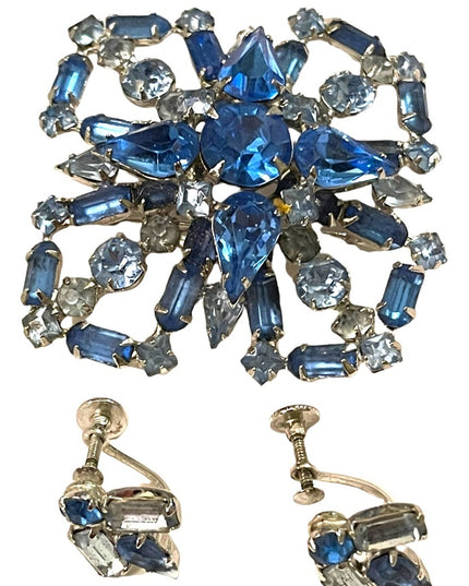 Vintage Large Blue fancy crystal brooch & earrings set “Carousel” screw back