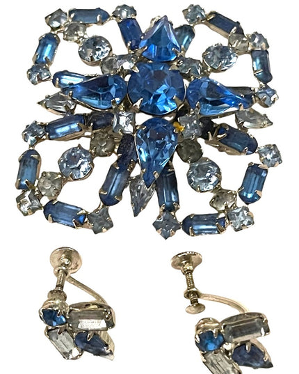 Vintage Large Blue fancy crystal brooch & earrings set “Carousel” screw back