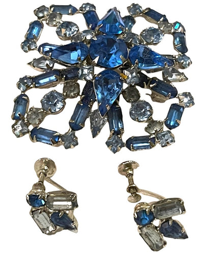 Vintage Large Blue fancy crystal brooch & earrings set “Carousel” screw back