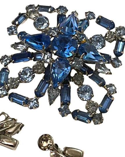 Vintage Large Blue fancy crystal brooch & earrings set “Carousel” screw back