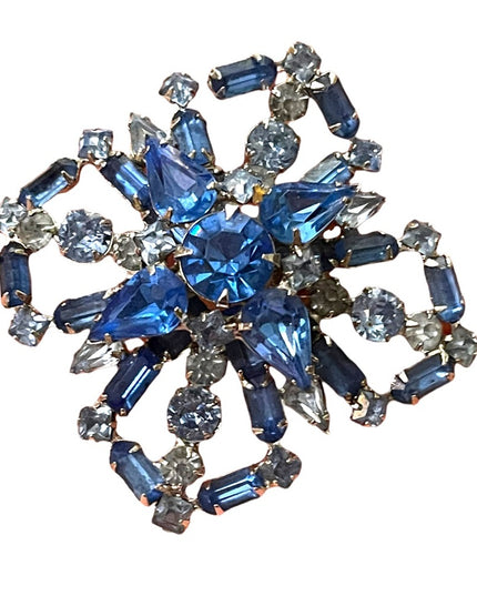 Vintage Large Blue fancy crystal brooch & earrings set “Carousel” screw back