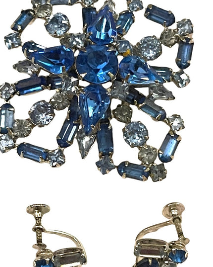 Vintage Large Blue fancy crystal brooch & earrings set “Carousel” screw back