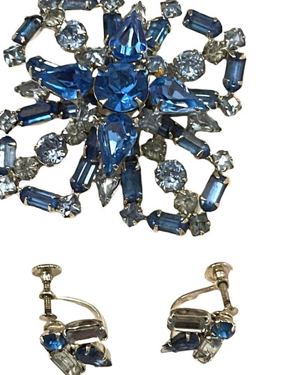 Vintage Large Blue fancy crystal brooch & earrings set “Carousel” screw back