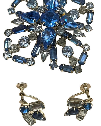 Vintage Large Blue fancy crystal brooch & earrings set “Carousel” screw back