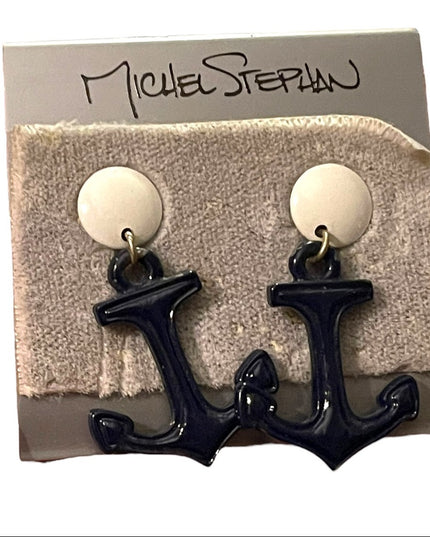 Michel Stephan Retired Nautical ships anchor blue white dangle earrings metal