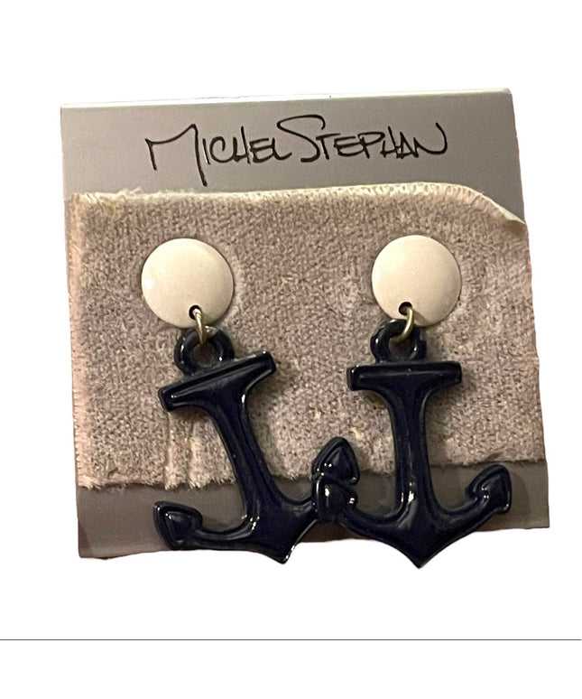 Michel Stephan Retired Nautical ships anchor blue white dangle earrings metal