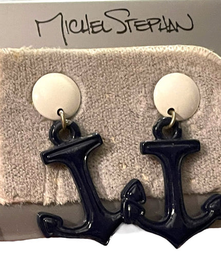 Michel Stephan Retired Nautical ships anchor blue white dangle earrings metal