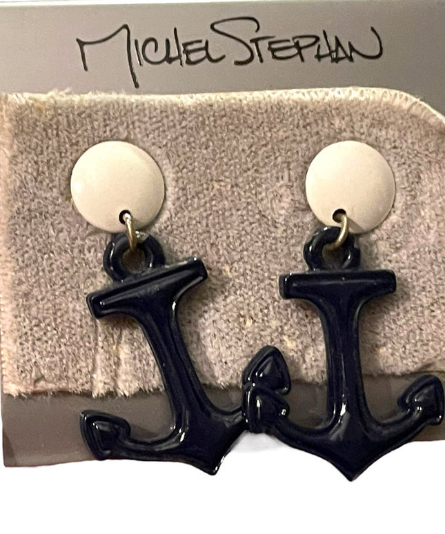 Michel Stephan Retired Nautical ships anchor blue white dangle earrings metal