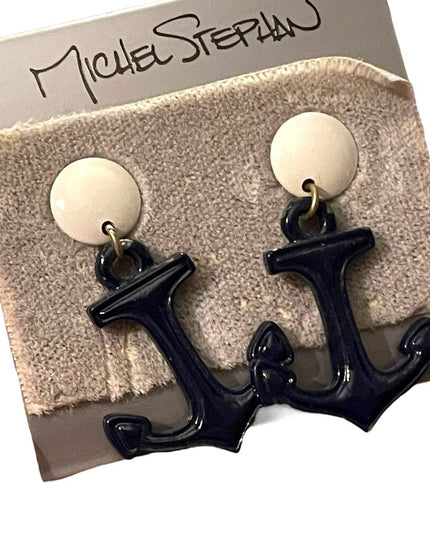Michel Stephan Retired Nautical ships anchor blue white dangle earrings metal