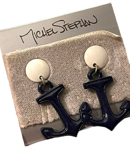 Michel Stephan Retired Nautical ships anchor blue white dangle earrings metal