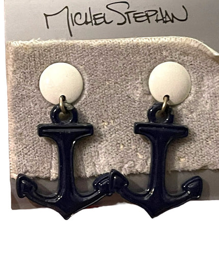 Michel Stephan Retired Nautical ships anchor blue white dangle earrings metal