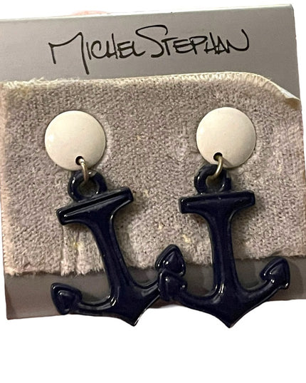 Michel Stephan Retired Nautical ships anchor blue white dangle earrings metal