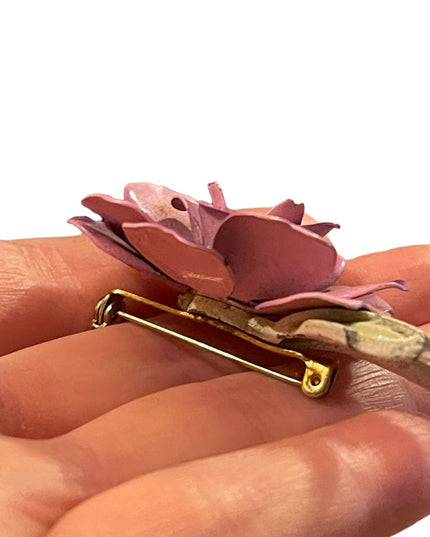 Vintsge 1960s pink metal painted enameled flower brooch