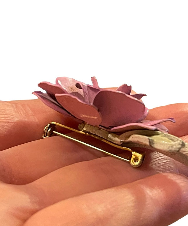 Vintsge 1960s pink metal painted enameled flower brooch