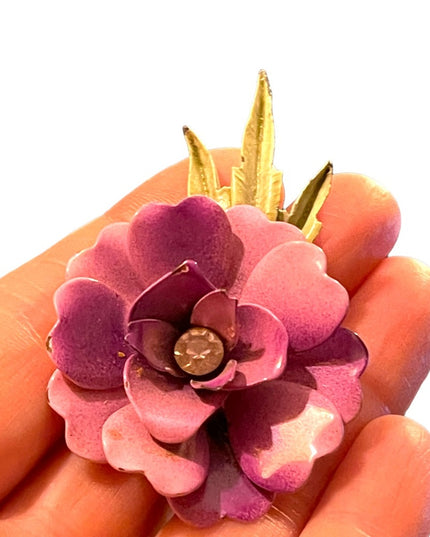 Vintsge 1960s pink metal painted enameled flower brooch