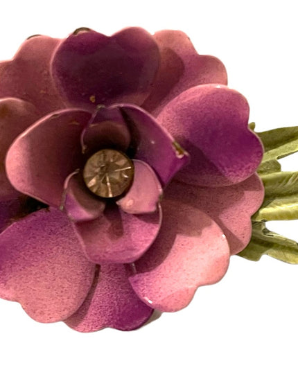 Vintsge 1960s pink metal painted enameled flower brooch