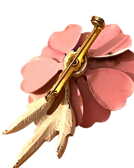 Vintsge 1960s pink metal painted enameled flower brooch