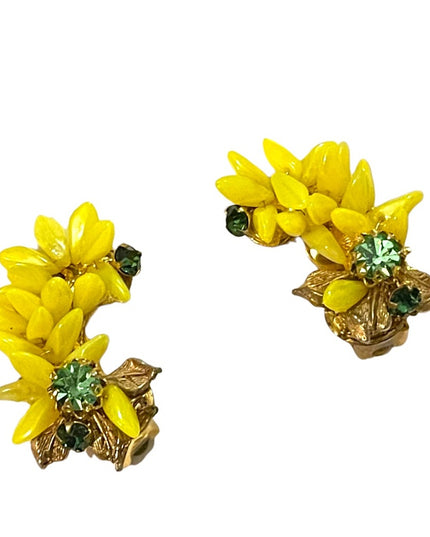 Vintage 1950s DeMario NY Yellow glass crystal forsynthia flower clip earrings