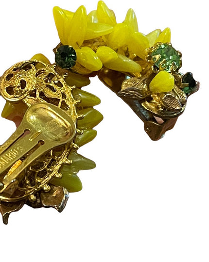 Vintage 1950s DeMario NY Yellow glass crystal forsynthia flower clip earrings