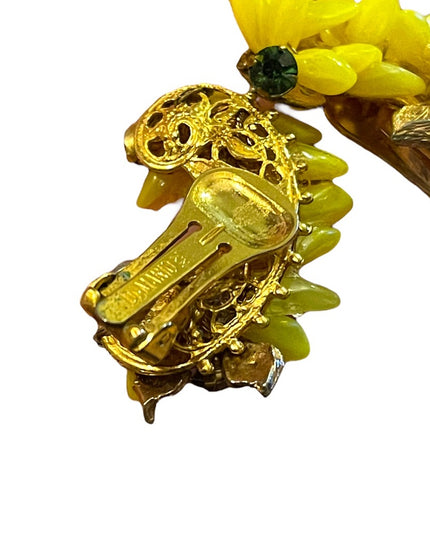 Vintage 1950s DeMario NY Yellow glass crystal forsynthia flower clip earrings
