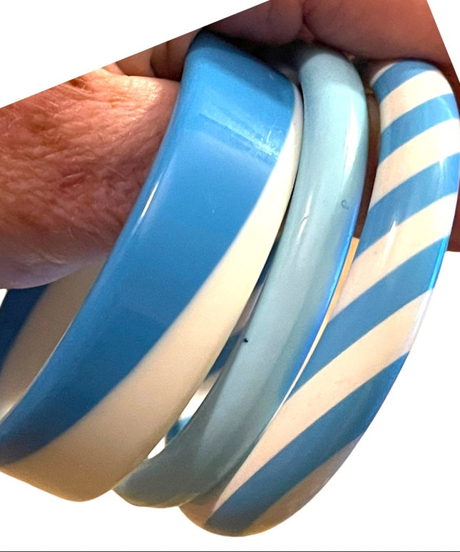 Vintage Mid Century plastic resin bracelets blue white bangles